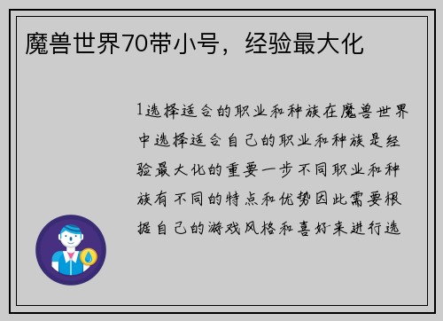 魔兽世界70带小号，经验最大化